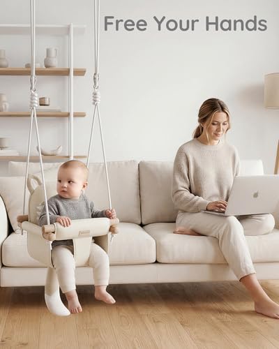Wooden Hanging Baby Swing with Soft Safety Belt, Cozy Infant Swing Seat for Indoor & Outdoor Use, Adjustable Height, Includes Mounting Hardware – Suitable for Babies & Toddlers(Fox-Themed in Beige)