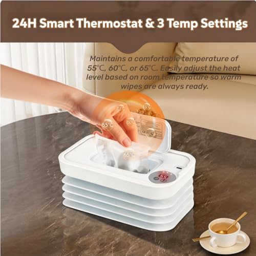Wet Wipes Warmer, Wipe Warmer Cordless with 3 Adjustable Temperature, Foldable Portable USB Wipe Heater and Dispenser, Digital Display Space Saving Wipe Warmer with Lid for Home Outdoor Travel (White)