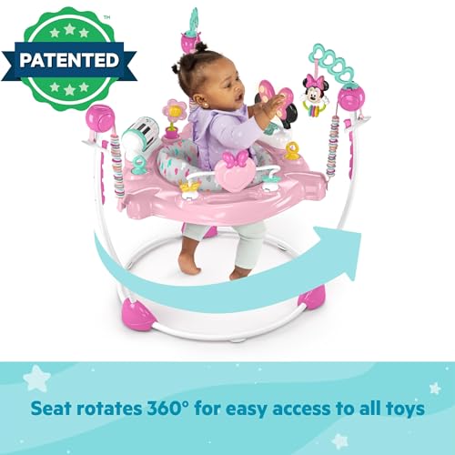 Bright Starts Disney Baby Minnie Mouse Forever Besties Baby Activity Center Jumper with 10 Toys, Lights & Sounds, 360-Degree Seat, 6-12 Months (Pink)