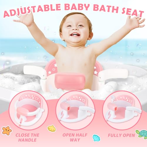 SMGZG Baby Bath Seat 6M+, Non-Slip Cushion, CPSC Certified, 5-Pc Set, Pink