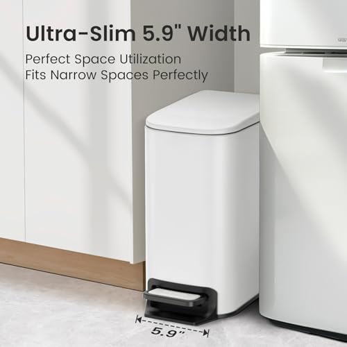 Cesun Small Bathroom Trash Can with Lid Soft Close, Step Pedal, 6 Liter / 1.6 Gallon Stainless Steel Slim Garbage Can for Bedroom, Diaper Waste Basket with Removable Inner Bucket (White)