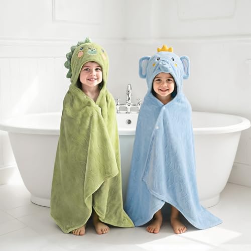 6 PCS Toddler Towels Set for Boy Girl 0-5 Year, 2 PCS Absorbent Hooded Baby Bath Towels Large 55" x 27.5" & 4 PCS Washcloths, Ultra Soft Toddler Newborn Bath Essentials Gifts, Dinosaur & Elephant
