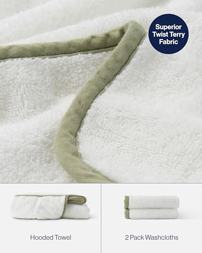 Lalo The Hooded Towel & Washcloth Set, 100% Organic Cotton, Soft on Sensitive Skin, Durable & Absorbent, Machine Washable, Includes One Baby Towel and Two Washcloths - Sage