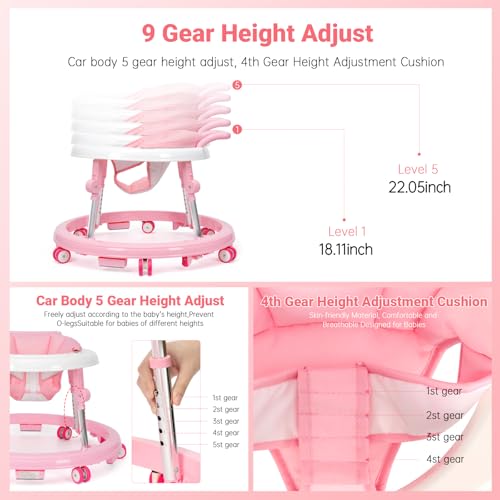 Baby Walker Foldable with 9 Adjustable Heights, Baby Walker with Wheels Portable, Infant Toddler Walker for Baby Boy Girls 6-18 Months (Pink)