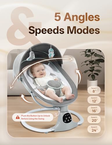 Electric Baby Swing for Infants to Toddler, 0-9 Months Portable Swing Rocker 5 Sway Speed, Bluetooth,12 Preset Lullabies with Remote Control, Infant Swing for Baby Boys & Girls, Grey
