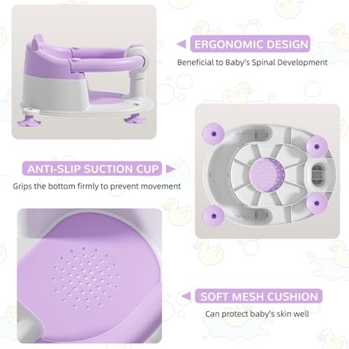 Baby Bath Seat for Babies 5-10 Months, Non-Slip Toddler Bath Seats for Babies Sitting Up, Safe Infant & Newborn Bathtub Chair with 4 Suction Cups & Soft Cushion for Shower,Lavender