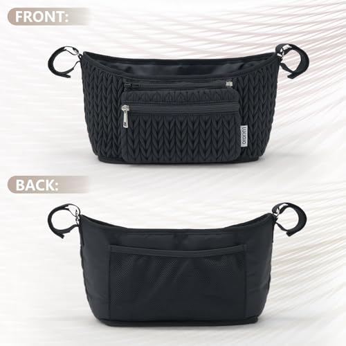 LUKJOJO Stroller Organizer - Stylish Quilting Nylon, Universal Fit, Detachable Bag, Adjustable Multi-Storage for Baby Stroller and Pet Stroller（Black-A