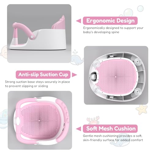 Baby Bath Seat for Babies 6 Months & Up Sitting Up | 360° Stable Toddler Bath Chair with One-Touch Button | Baby Bath Tub Seat with Suction Cups | Open Design, Compact, Detachable, Non-Slip (Pink)