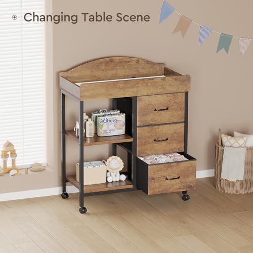 YeTom Changing Table Dresser, Baby Dresser with 3 Fabric Drawers and 2 Shelves, Multi-Functional Baby Changing Table with Pad, Classic Nursery Dresser, Diaper Changing Station, Rustic Brown
