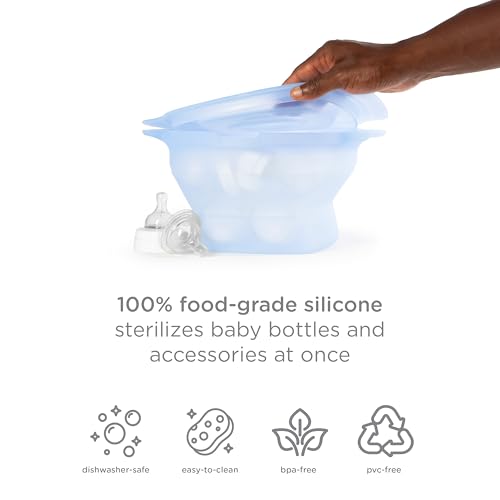 Ubbi 3-in-1 Collapsible Microwave Wash Bin, Baby Bottle Sterilizer & Veggie Steamer, Reusable Silicone Steam Bag for Travel or Home Use, Fits Up to 5 Baby Bottles, Dishwasher Safe, Blue