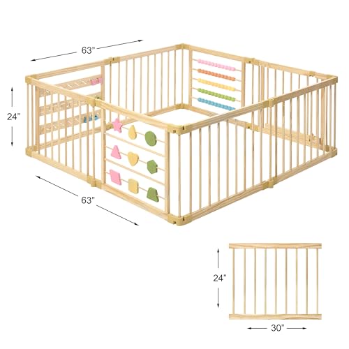ZETY Natural Wood Baby Playpen – 8 or 10 Panel Foldable Play Yard with Door Panel and Built-in Toys, CPC Certified & SGS Tested