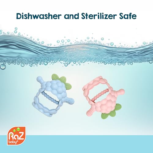 RaZbaby RaZberry Grip Silicone Teether Toy for 3M+ | Drop Resistant Hand Held Teether for Babies and Infants - Designed by Nature with Our Patented BerryBumps Multitextured Design | 3M+, Pink