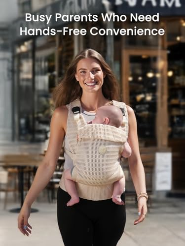 GROWNSY Baby Carrier Newborn to Toddler (7-44lbs), Ergonomic & Cozy Wraps Carrier with One-Click Buckle, Head Support for Hands-Free Comfort, Design for Infant to Toddler, Almond Beige