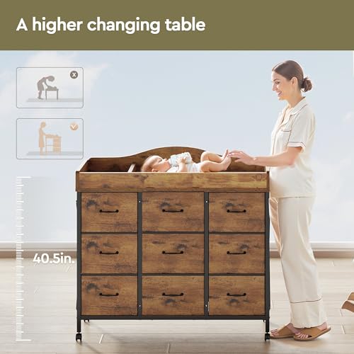 YeTom Baby Changing Table with 9 Fabric Boxes, Waterproof Diaper Changing Station & Pad, Mobile Nursery Diaper Changing Table, Baby Furniture, Rustic Brown