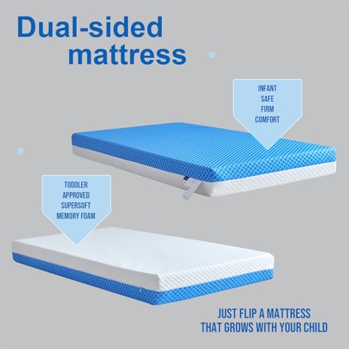 ASANEST Dual Sided Comfort Gel Memory Foam Breathable Baby Bed Mattress for Crib, Premium for Infant and Toddler with Removable Outer Cover, White & Blue, Standard Size 52 x 28 x 5 Inches