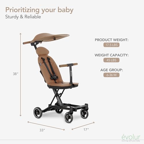 Evolur Cruise Rider Stroller with Canopy, Lightweight Umbrella Stroller with Compact Fold, Easy to Carry Travel Stroller - Cognac