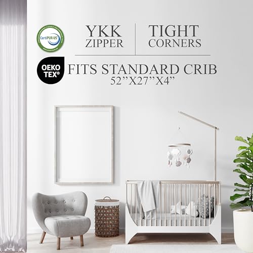 Organic Cotton Covered 2-Sided Crib Mattress | Premium Memory Foam Hypoallergenic Light 2-in-1 Baby Mattress, Firm Support for Infant Soft CertiPUR Foam for Toddler, Waterproof & Washable | 52x27.5x4”