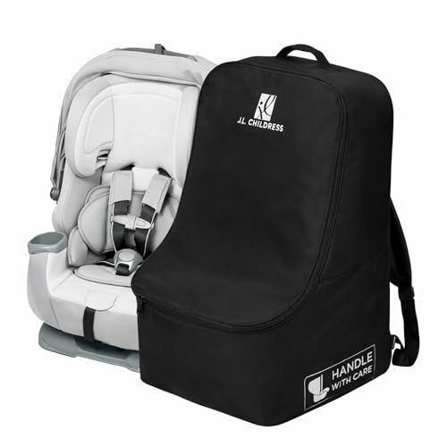 J.L. Childress Padded Backpack Car Seat Bag - Car Seat Travel Bag for Airplane, Fits Most Baby & Infant Carriers & Bootsters, Accessories for Gate or Baggage Check, AirTag Compatible - Deluxe, Black