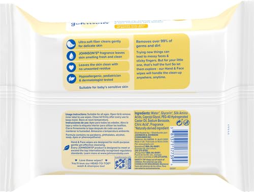 Johnson's Baby Hand & Face Baby Sanitizing Cleansing Wipes for Travel and On-The-Go, No More Tears Formula, Paraben and Alcohol Free, 25 ct, Case of 4