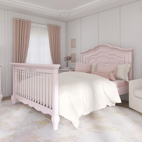 Evolur Aurora 5-in-1 Convertible Full-Size Baby Crib in Dusty Rose, 3 Mattress Heights, Ribbon Bow Scrollwork & Queen Anne Feet, Converts to Toddler, Day & Full-Size Bed