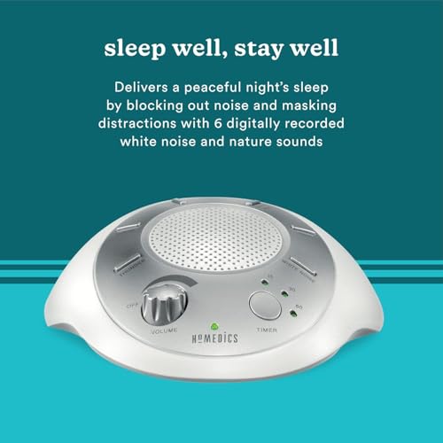 Homedics SoundSleep White Noise Sound Machine, Silver, Small Travel Size with 6 Relaxing Nature Sounds, Portable Therapy for Home, Office, Nursery, Auto-Off Timer