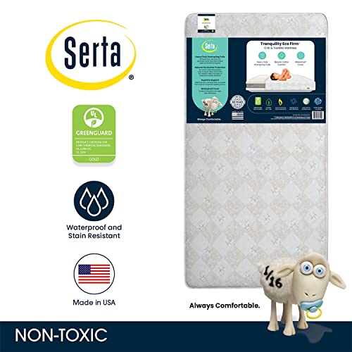 Serta Tranquility Eco Firm 2-Stage Baby Crib and Toddler Mattress - Waterproof Standard Baby Crib & Toddler Mattress - GREENGUARD Gold Certified- 52" L X 27.5" W (50 Year Warranty)