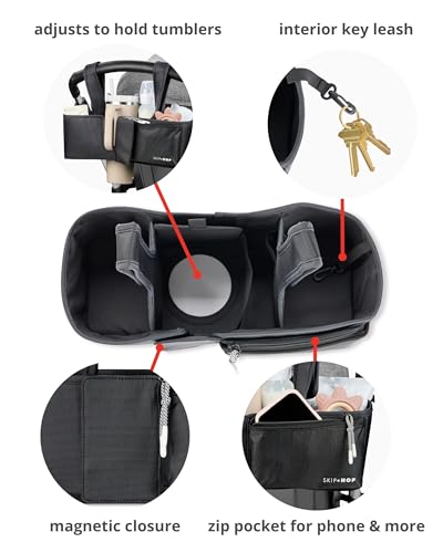 Skip Hop Ultimate Stroller Organizer Universal Fit with Adjustable Straps, Magnetic Flaps and Convertible Design that fits 40 oz. Tumblers, Oat