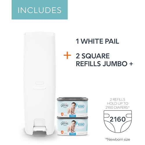 Diaper Genie Premier Diaper Pail Gift Set | Hands-Free Odor Control with Foot Pedal | High-Capacity Diaper Trash Can | Includes 2 Jumbo+ Refills (Holding up to 2,160 Newborn Diapers)
