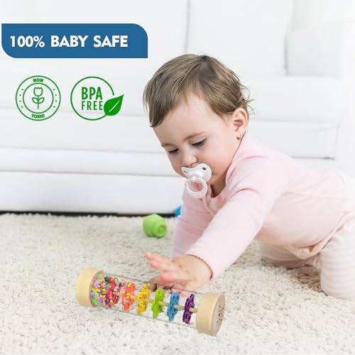 Rain Stick Montessori Baby Toys for 6-12 Months 1 Year Old, Wooden Rainmaker Infant Musical Sensory Toy, Baby Shower Gift for Newborn Toddler Boys Girls, 7.7"