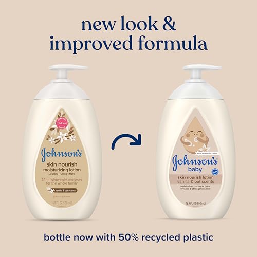Johnson's Skin Nourishing Baby Lotion, Vanilla & Oat Scents, Hypoallergenic Baby Body Lotion for 72 Hour Hydration Until Baby's Next Bath Moisturizes & Protects from Dryness, 16.9 fl. oz