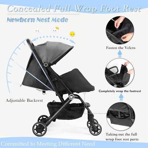 Rollingsurfer Lightweight Baby Stroller for Airplane, Compact Travel Pushchair with Retractable Foot Cover & Reclining Backrest, One Hand Fold Stroller for Toddlers 0-36 Months
