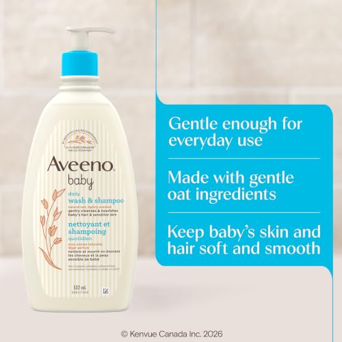 Aveeno Baby Daily Moisture Gentle Baby Body Wash and Shampoo with Oat Extract, 2-in-1 Baby Wash and Hair Shampoo, Tear-Free, Paraben-Free for Sensitive Skin and Hair, Lightly Scented, 18 Fl Oz