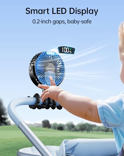 SWEETFULL Portable Stroller Fan with LED Display, 4 Speed Rechargeable Mini Clip On Fan, 360° Rotate Flexible Tripod Better Cooling Small Baby Fan for Car Seat Crib Travel Bike Treadmill (Black)