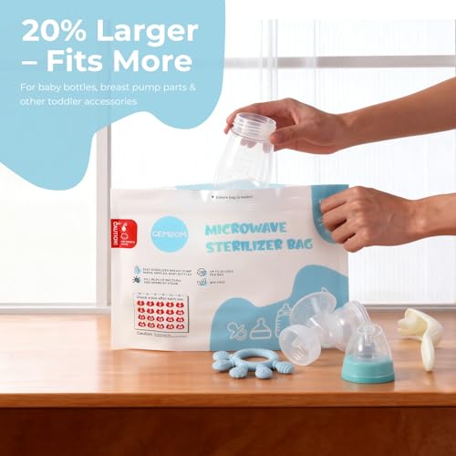 Gemdom 15 Pack Microwave Steam Sterilizer Bags Plus, Large Size for Baby Bottles Soothers, Teethers, Breast Pump Parts, Training Cups and Accessories, 20 Uses Per Bag, Baby Travel Essential