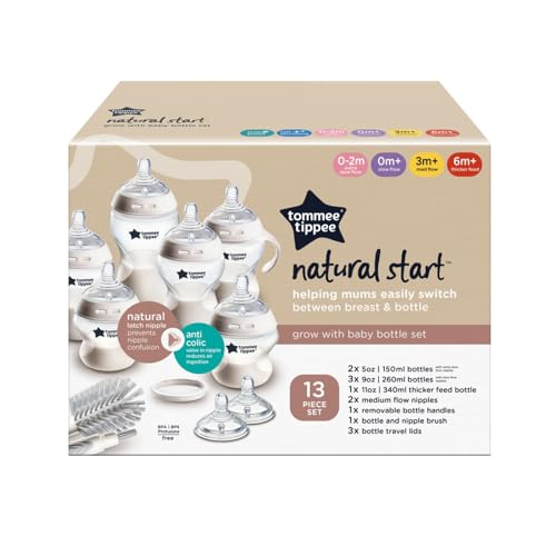 Tommee Tippee Natural Start 12 Piece BPA Free Bottle Set, Includes 2 x 5 oz, 3 x 9 oz, 1 x 11 oz Bottles, Newborn 0+ Months, Slow, Medium & Thicker Flow Breast-Like Nipples, Cleaning Brush, Clear