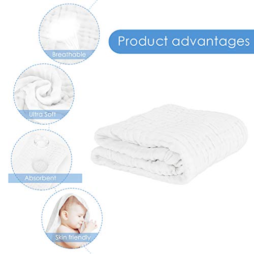 FOOK FISH Muslin Baby Towel Muslin Cotton 2-Pack 6-Layer Large Size 40" x 40" Cotton Baby Bath Towels Triple Absorbency and Quick-Drying (White)