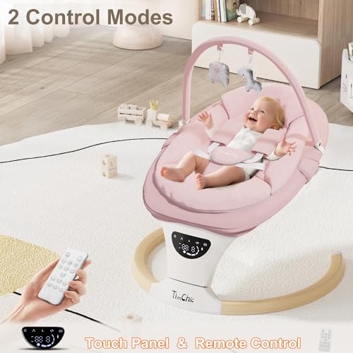 TimChic Baby Swings for Infants, Portable Infant Swing with 5-Speeds, 3-Adjustable Height, 3 Timer & 12 Preset Melodies, Mutil-Function Electric Swing for Baby, Indoor & Outdoor Use (Pink)