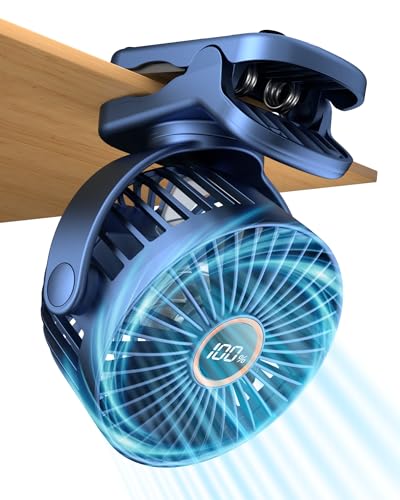 buywoo Portable Mini Personal Fan, Small Rechargeable Battery Powered Stroller Fan for Desk, Strong Clamp Grip, 360° Rotation, 3-Speed, LED Display, Clip On Cooler for Bed, Golf Cart, Office, Blue