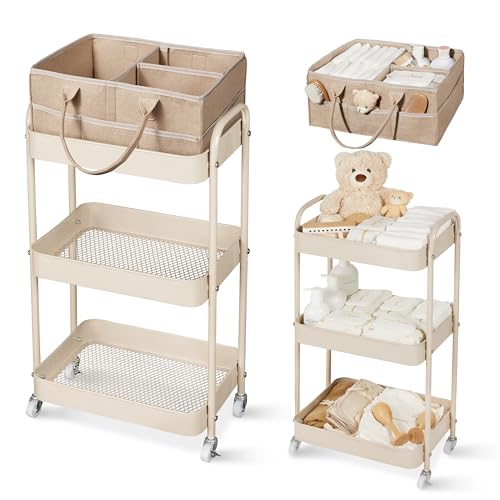 Fortella Baby Diaper Caddy, 3 Tier Rolling Storage Cart for Baby Essentials, Diaper Cart with Detachable Dividers, Storage & Baby Bottle Organizer, Nursery Dresser for Bedroom, Living Room (Taupe)