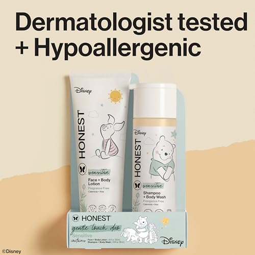 The Honest Company 2-in-1 Cleansing Shampoo and Body Wash, Face Lotion Bundle, Disney Design, Gentle for Baby, Dermatologist Tested, Sensitive Fragrance-Free, 18.5 fl oz