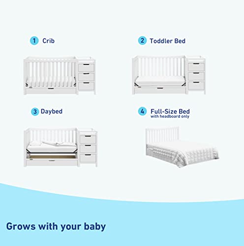 Graco Remi 4-in-1 Convertible Crib & Changer – GREENGUARD Gold Certified, Fits Standard Crib Mattress, Converts to Toddler Bed and Full Bed, 4 Adjustable Mattress Heights (White)