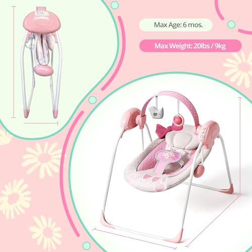 Portable Baby Swing, Pink Electric Infant Swing with 5 Speed Levels, 6 Songs & Timer – Battery-Powered Only (No Batteries Included) Pink and White