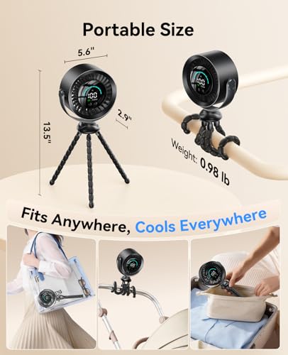 KIMMOO Portable Baby Stroller Fan, 360° Adjustable Quiet Rechargeable USB Fan with LED Display, 100 Speeds Safe Clip Fan for Stroller, Powerful Cooling Fan for Golf Car Seat Treadmill Travel, Black