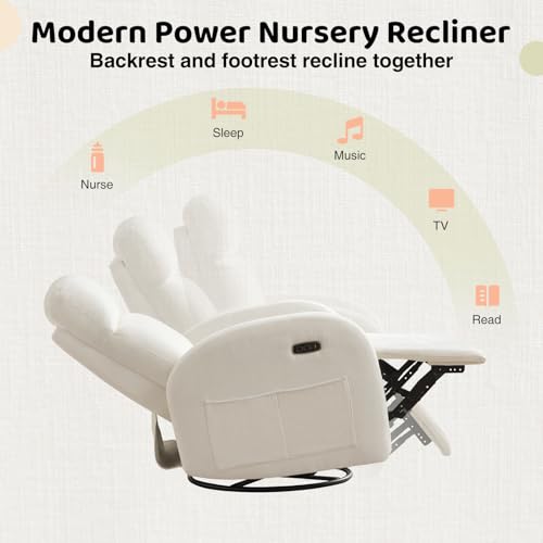 Power Nursery Glider Recliner, Chenille Electric Rocker Recliner with Type-C & USB Port, Nursery Swivel Rocker Recliners with Double Pockets for Adult, Cream White