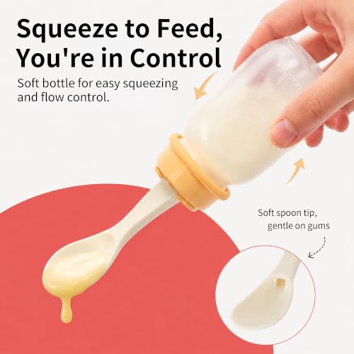 Pigeon Baby Weaning Spoon with Squeeze Bottle, Baby Feeding Dispensing Spoon - Easy Feeding Solution for Babies 6 Months and Up, 4 Oz, with Cleaning Brush