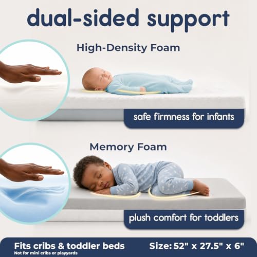 Hiccapop Baby Crib Mattress, Waterproof, Dual Sided Foam Baby Mattress, Firm Side for Babies, Soft Memory Foam Side for Toddlers, Made in USA