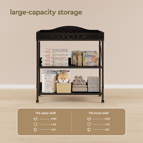 Yetom Baby Changing Table, Diaper Changing Station with Pad and Wheels, Two-Tier Open Storage Shelves, Waterproof Diaper pad & Safety Strap,Compact Baby Furniture for Nursery, Black