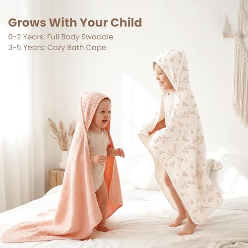 Konssy 2-Pack Muslin Hooded Baby Towels, 100% Cotton, Ultra-Soft & Absorbent Baby Bath Towels with Hood for Newborn & Infant (Pink, Floral,32" x 32")