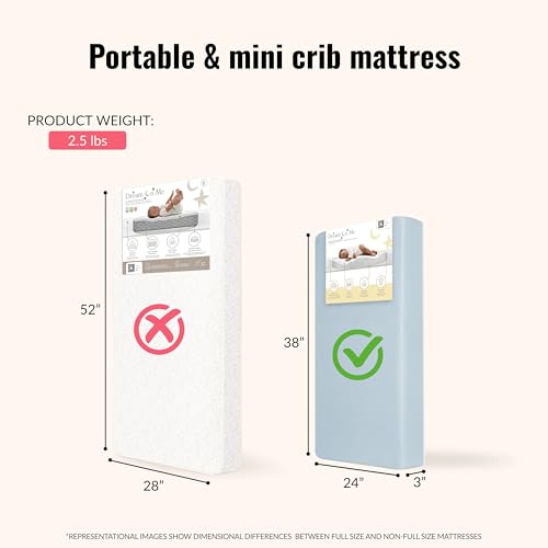 Dream On Me Snuggles Extra Firm Dual-Sided Baby Crib Mattress with Breathable Fabric, Water & Odor Resistant, GREENGUARD Gold Certified, Fits Mini & Portable Cribs (38”x 24”x 3”) - Blue Mist