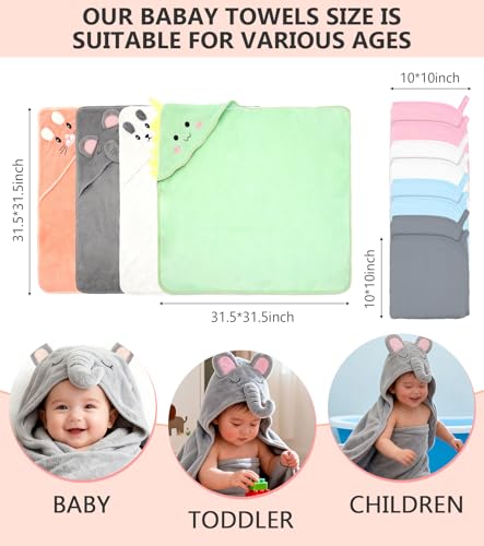 Spearlcable 12 PCS Baby Bath Towels for Infants Toddlers, 4 PCS Animal Hooded Baby Towels + 8 PCS Washcloths Set, Ultra Absorbent Cute Soft Baby Towels for Newborn Bath Essentials Gifts for Boys Girls